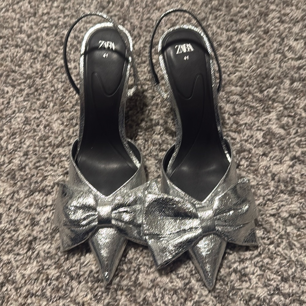 Zara slingback metallic silver bow heels